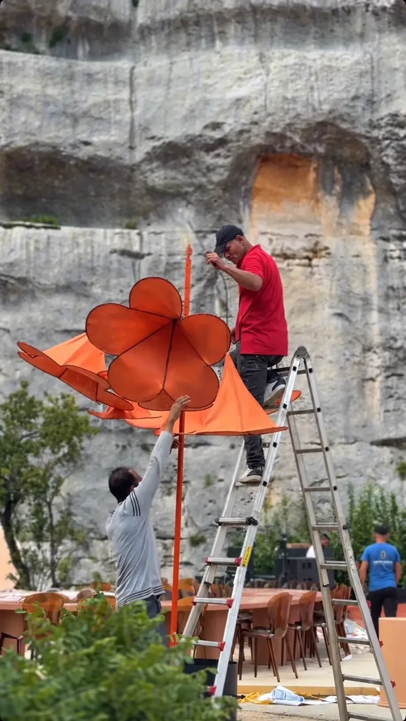 An installer on a ladder fitting a blossom while a colleague passes up the next one